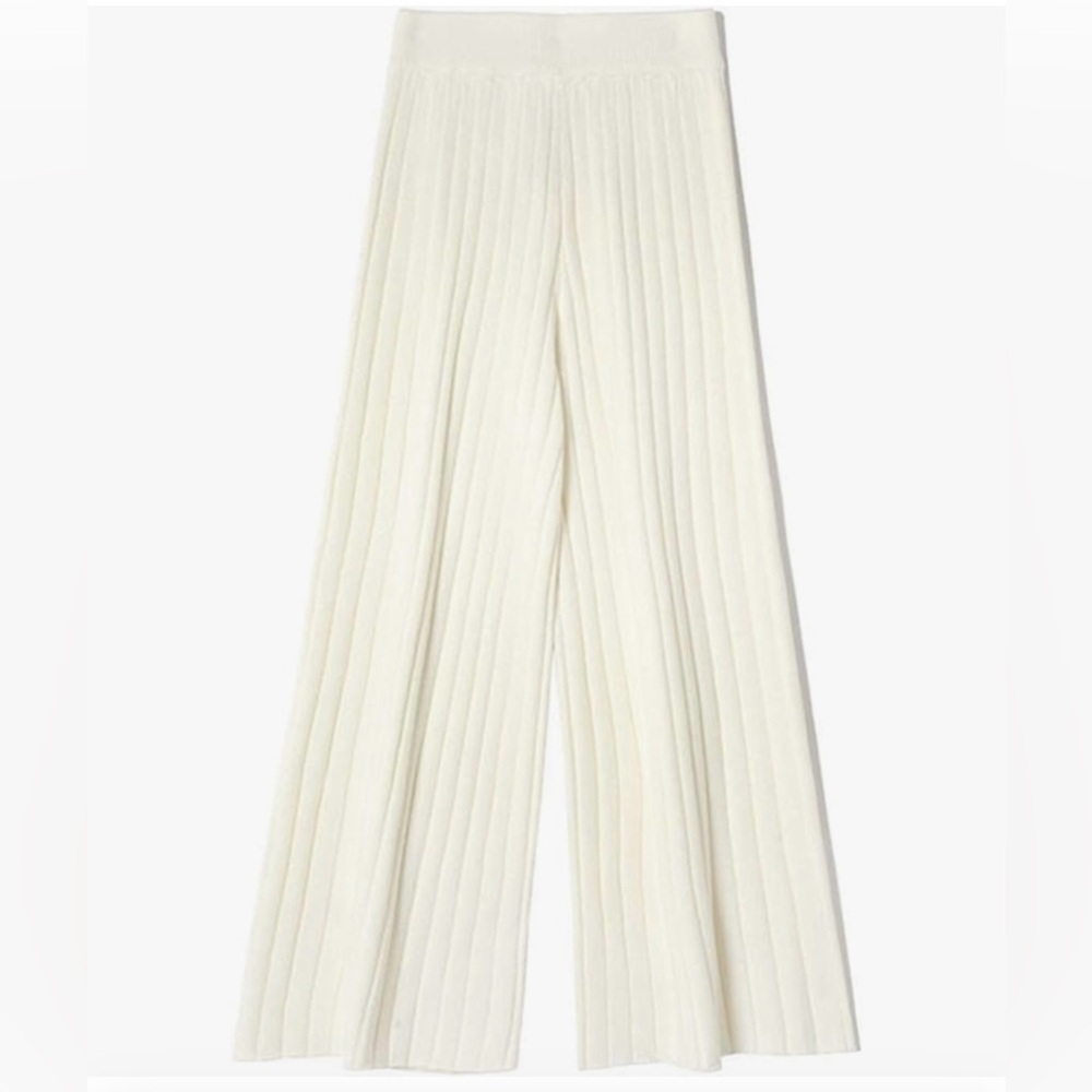 HM ivory cream pleated striped wide leg pants elastic waist size Large